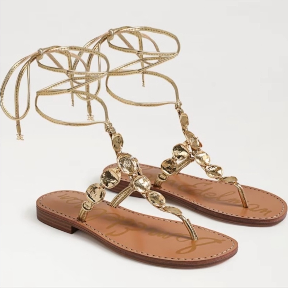 Sam Edelman Gold Embellished Lace-Up Flat Sandals